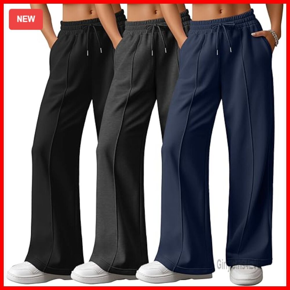 3 Pack High Waisted Wide Leg Sweatpants Drawstring Joggers with Pockets
